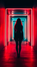 Neon hallway journey with a lone silhouette in glowing light.