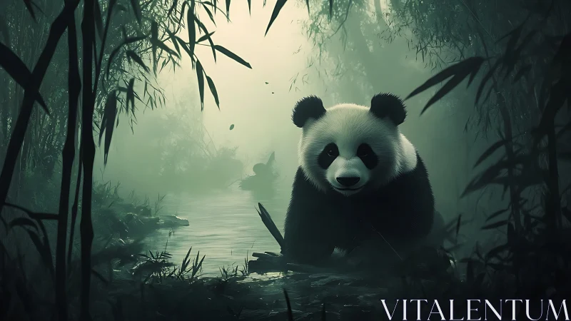 Soft-eyed panda enjoys a misty bamboo river hideaway