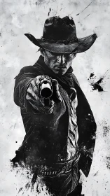 Monochrome gunslinger pointing revolver toward viewer.