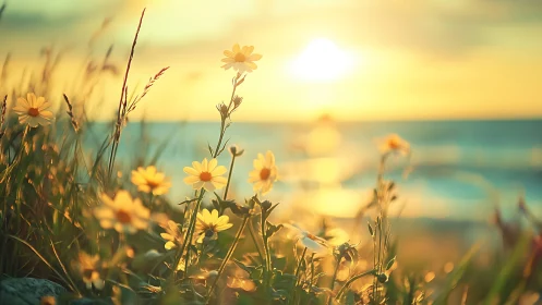 Backlit coastal daisies rendered in warm shallow-focus light