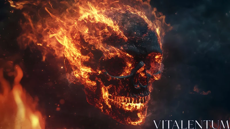 Infernal flaming skull emerging through swirling darkness.