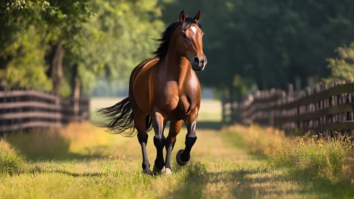 Bay horse cantering along fenced rural pasture path.