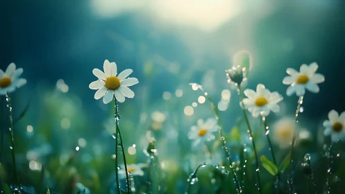 Dewlit daisies whisper under soft teal morning bokeh skies.