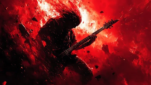 Guitarist shreds in a blazing red explosion of energy.