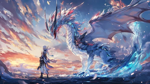 Lone warrior confronts luminous dragon at blazing dawn.