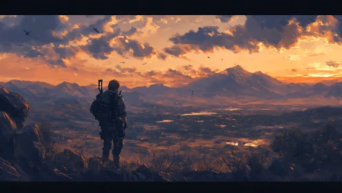 Solitary armored hiker overlooks vast orange mountain valley