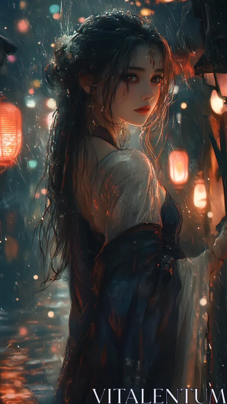 Rainlit lantern maiden turns through a fever-dream alleyway.