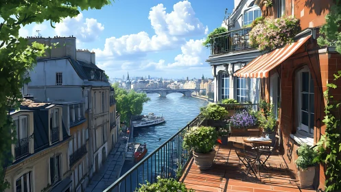 Sunlit riverside balcony dreaming above a storybook city.
