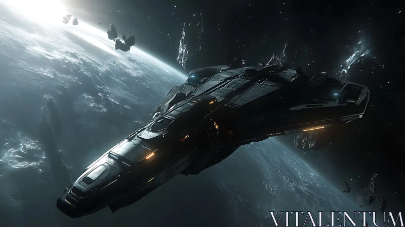 Sleek starship gliding past a glowing blue world in silence.