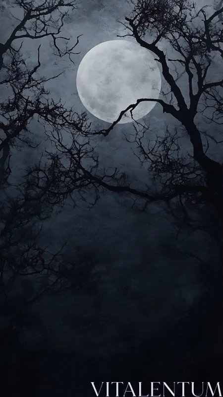 Full moon framed by bare tree branches in dark night sky