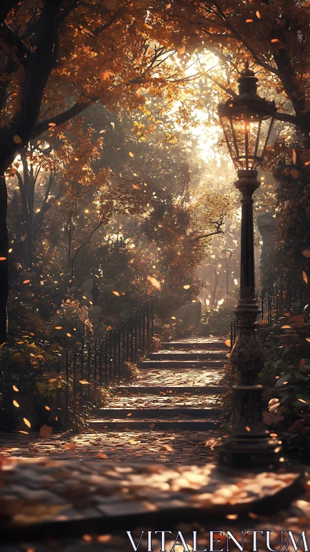 Golden leaves drift upward as twilight climbs the garden steps