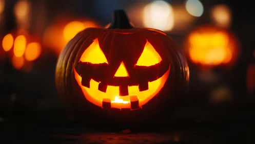 Glowing jack-o-lantern smiles warmly in a moody Halloween night