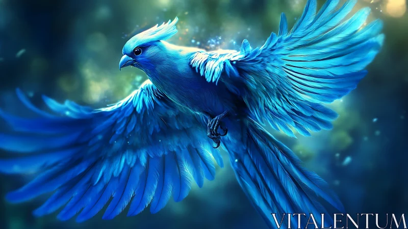 Vibrant Blue Fantasy Bird in Flight, Glowing Artistic Style.