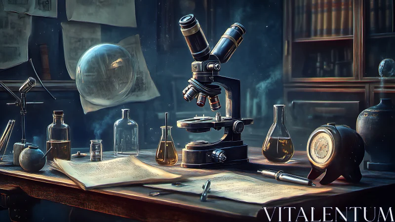 Midnight microscope dreams in a vintage alchemist’s lab.