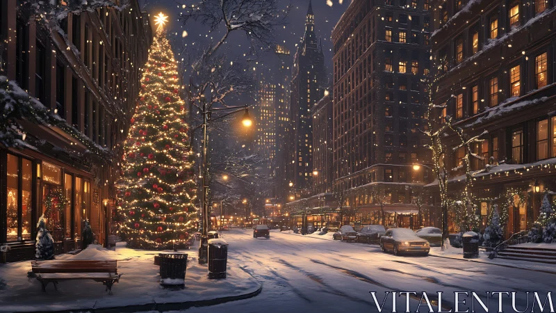 Snowy city street glows with a welcoming Christmas tree