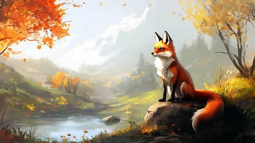 Autumnal red fox on riverside escarpment under diffuse skylight.