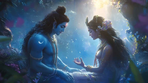 Divine blue couple share serene devotion in moonlit forest.