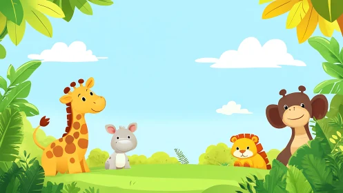 Cartoon jungle animals sit in a bright green clearing