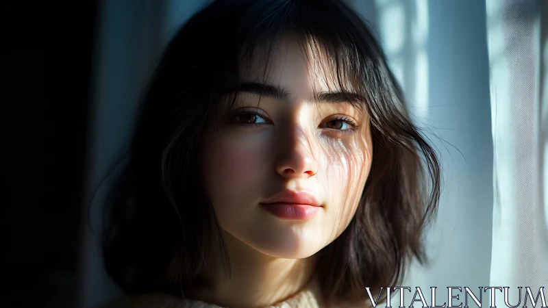 Soft window illumination across contemplative digital portrait.