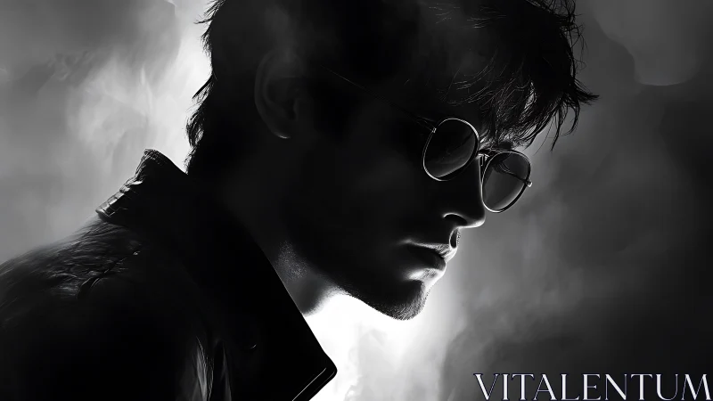 Shadowlit rebel in round glasses, carved from grayscale smoke.