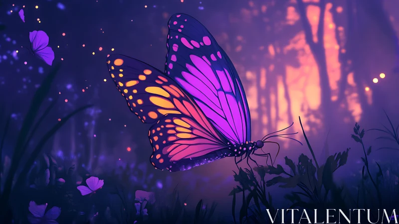 Butterfly with neon wings rests on grass in glowing forest