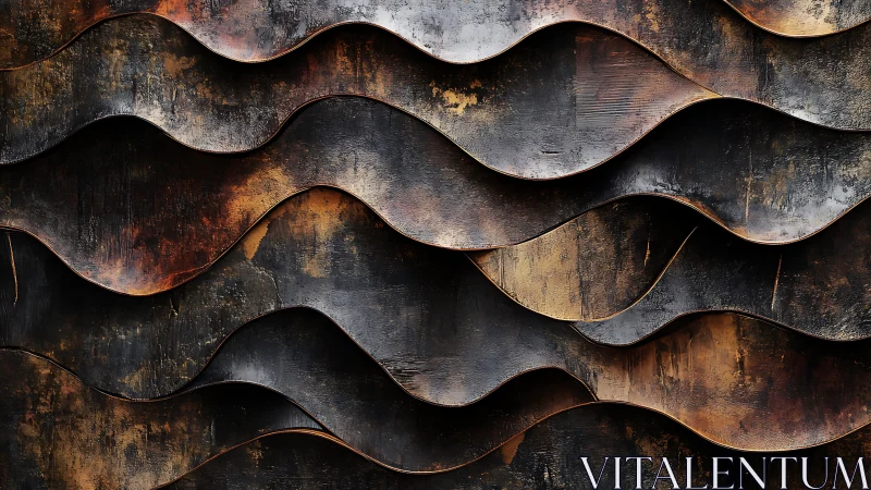 Layered metallic wave relief with distressed patina finish.