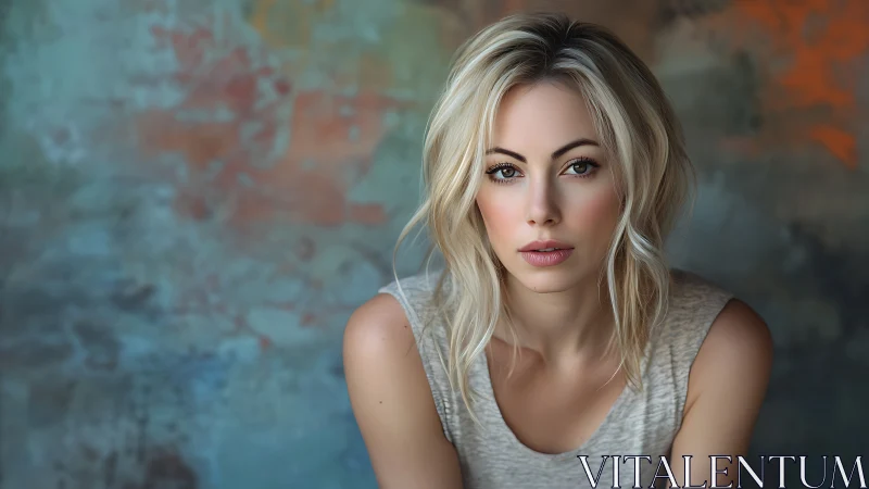 Soft-focus portrait against painterly abstract backdrop.