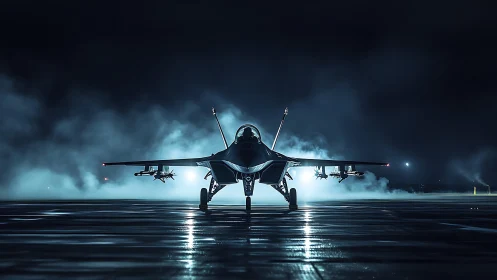 Stealth combat jet on wet runway at night with mist present.