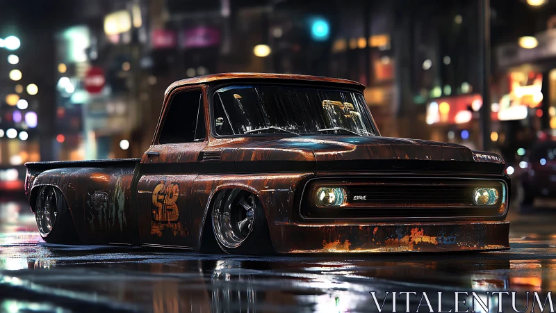 Rust-slammed pickup truck in neon night urban streetscape.