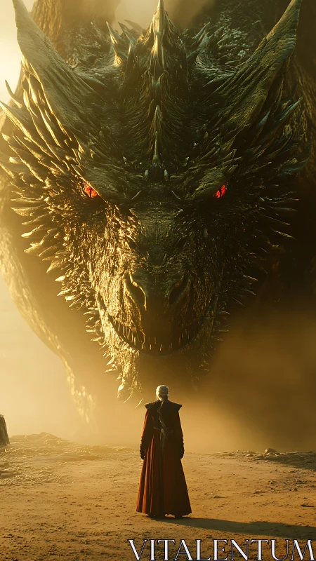 Brave wanderer meets a towering dragon in golden light.