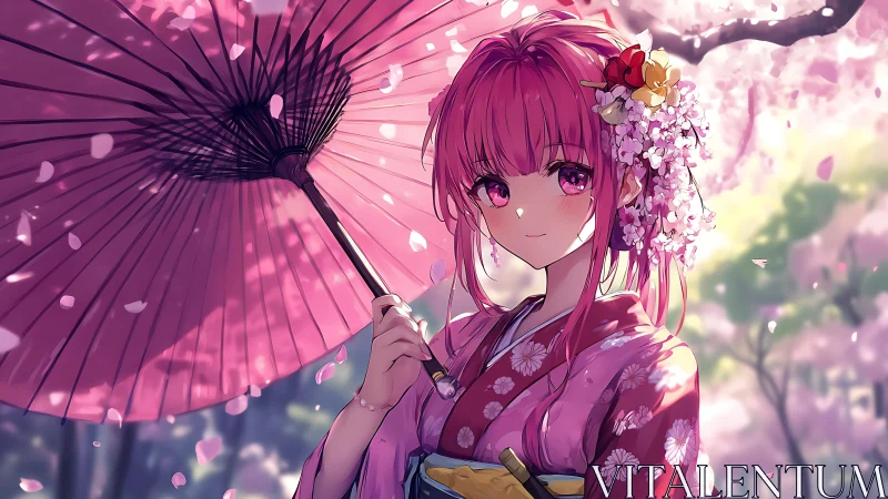 Blossom-kissed anime girl under parasol of drifting petals.