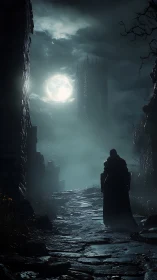 Cloaked figure on stone path under full moon and tower.