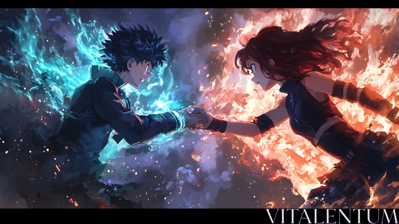 Two opposing elemental figures facing and clasping hands.