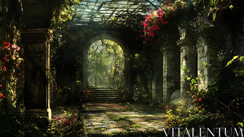 Overgrown stone corridor with sunlit garden archway.