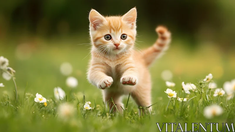 Orange tabby kitten pouncing through daisy-dotted meadow.
