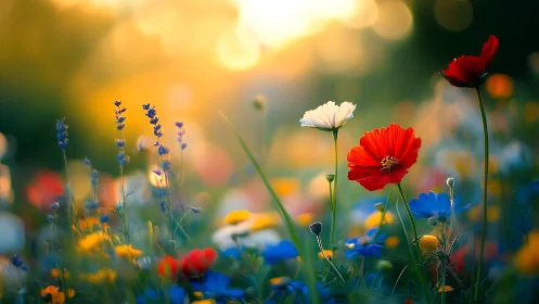 Sun-drunk wildflower chorus bathing in golden evening light.