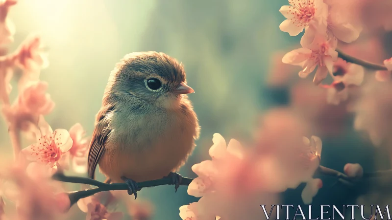 Small songbird on branch among soft pink blossoms outdoors.