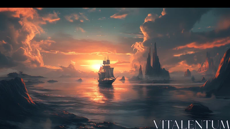Sunlit galleon journeys through surreal crimson sea cliffs