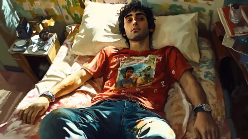 Young man lies on bed in cluttered, painted bedroom