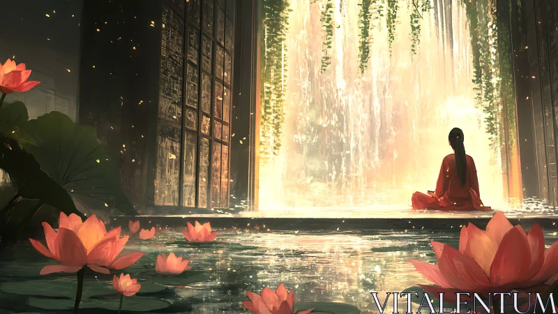 Meditative figure before luminous waterfall and lotus pool.