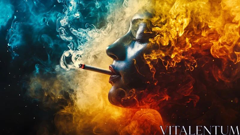 Profile portrait merges smoking silhouette with bicolor clouds