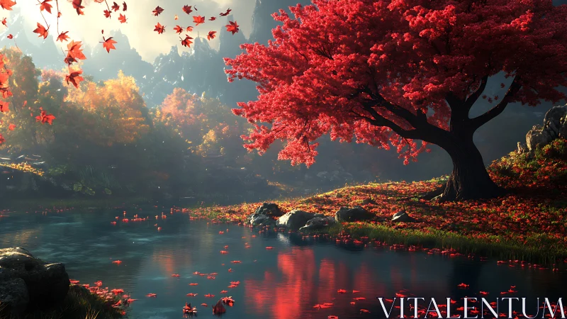 Crimson dreamtree leaning over a whispering autumn river.