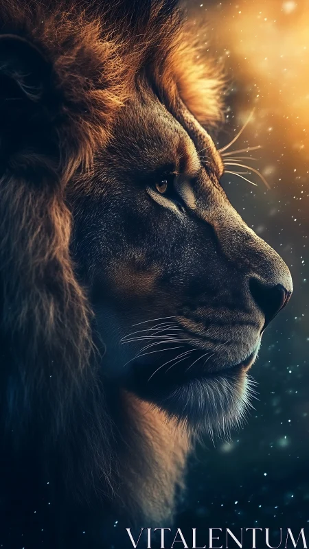 Majestic lion profile studies golden backlight and sparks
