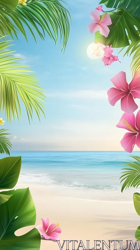 Tropical shoreline vista with hibiscus framing and soft lighting.