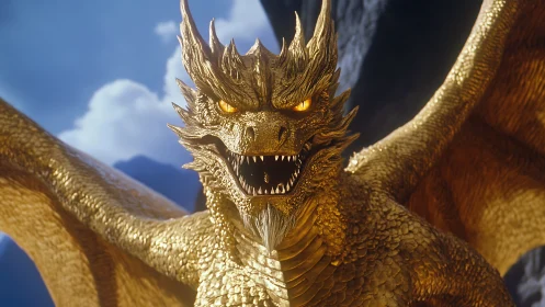 Radiant golden dragon roaring in dramatic close-up view.