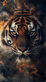 Fierce tiger face emerges from swirling smoke and embers