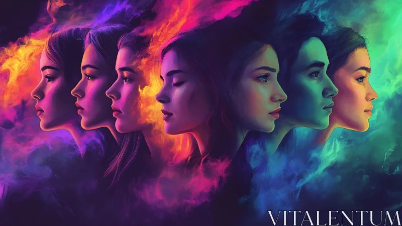 Surreal Portrait Series of Women in Vivid Neon Colors, Digital Art.