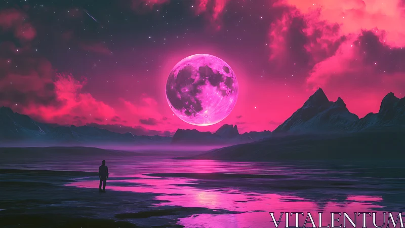 Magenta lunar horizon dominates neon-lit alien seascape