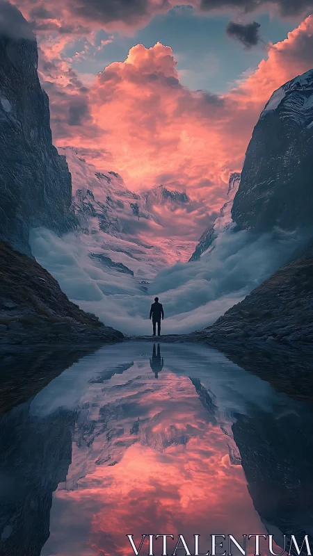 Silhouetted figure stands before glacial valley and reflection