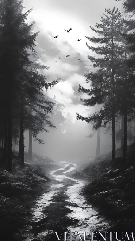 Misty Forest Corridor: Where Streams Whisper and Wings Glide.